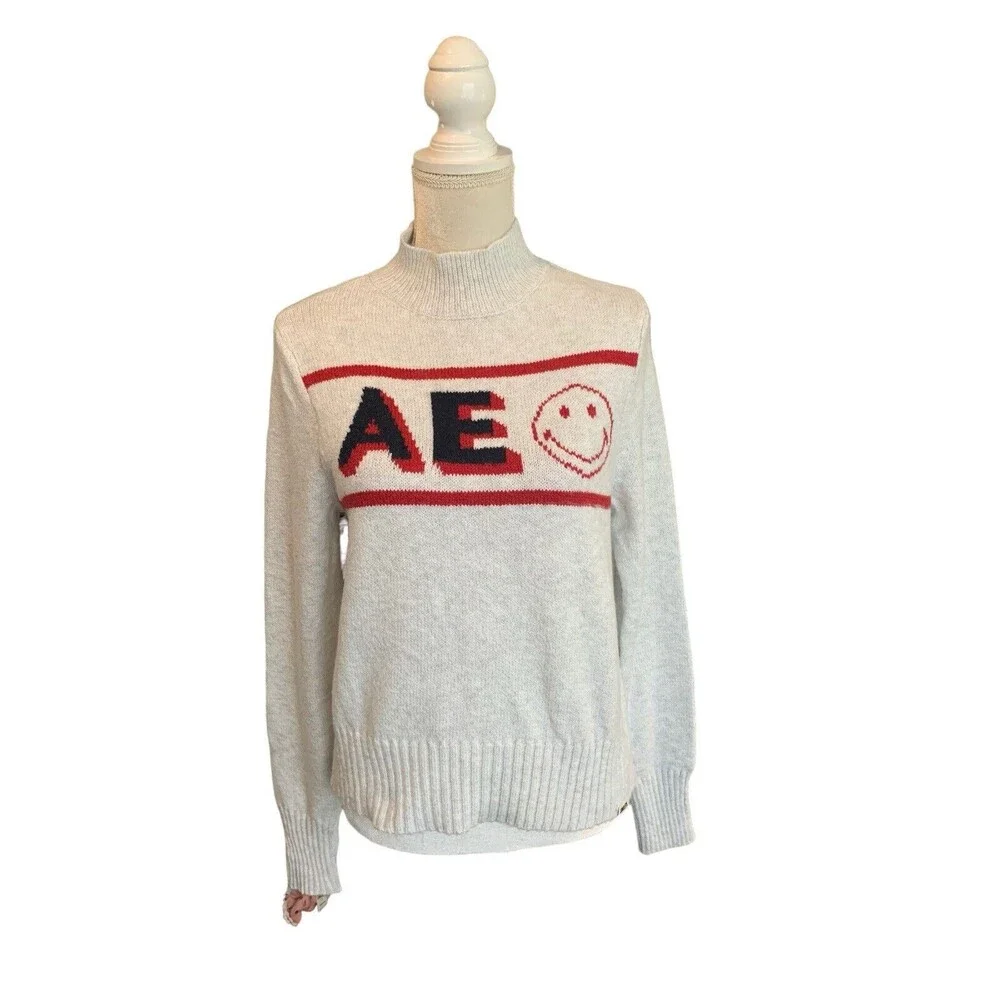 New! American Eagle Smiley  Mockneck Sweater gray Marled Blue Red Logo Women's M